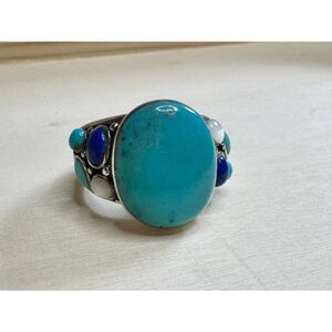 Beautiful Artisan Turquoise Lapis Mother of Pearl Sterling Silver Ring, Size 6